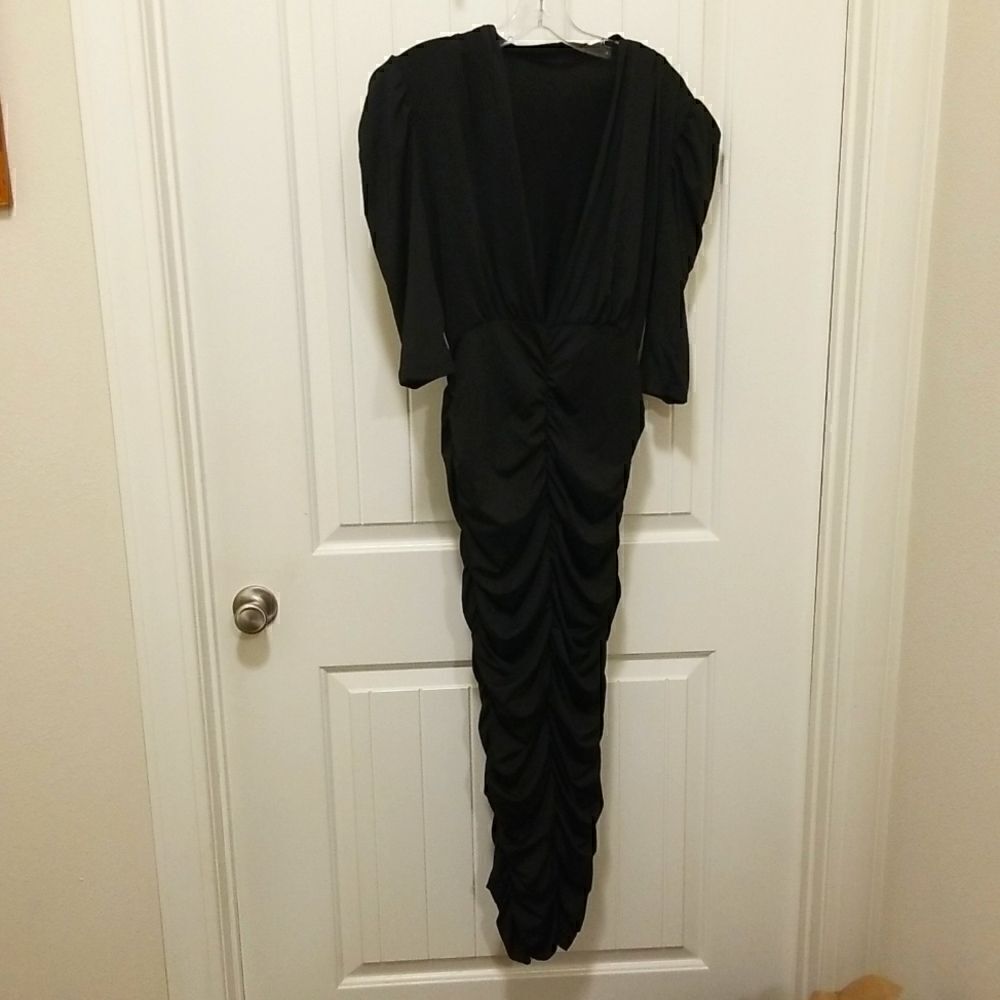 Deep V-Neck Seven Sleeve Pleated Bodycon Midi Dress size Large